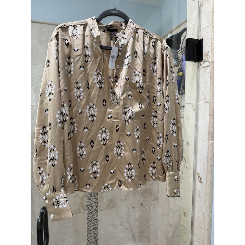 Ann Taylor Fall Tan Satin Top Size Medium Black Long Sleeve Career Casual New